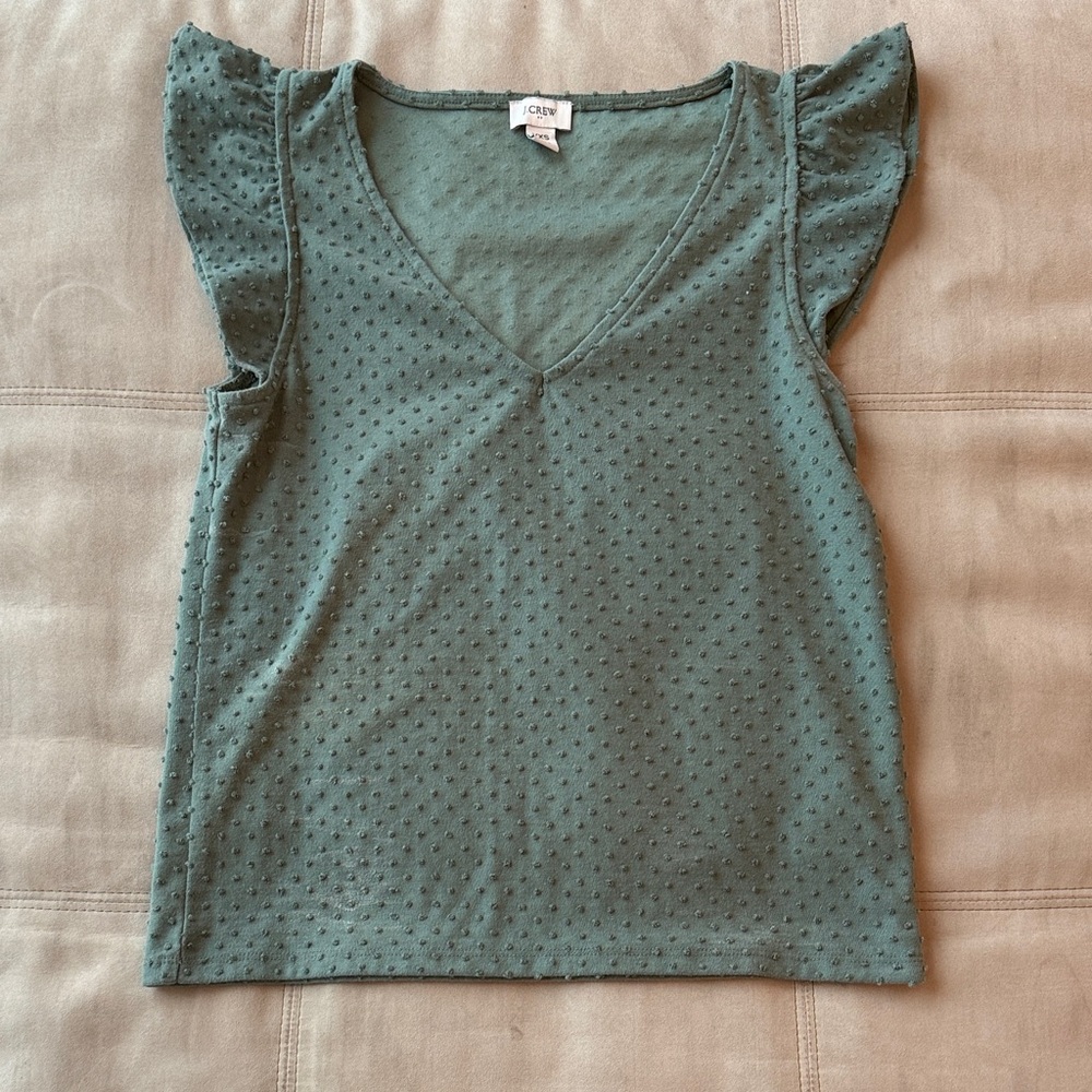 J. Crew Green V-Neck Flutter Sleeve Top
